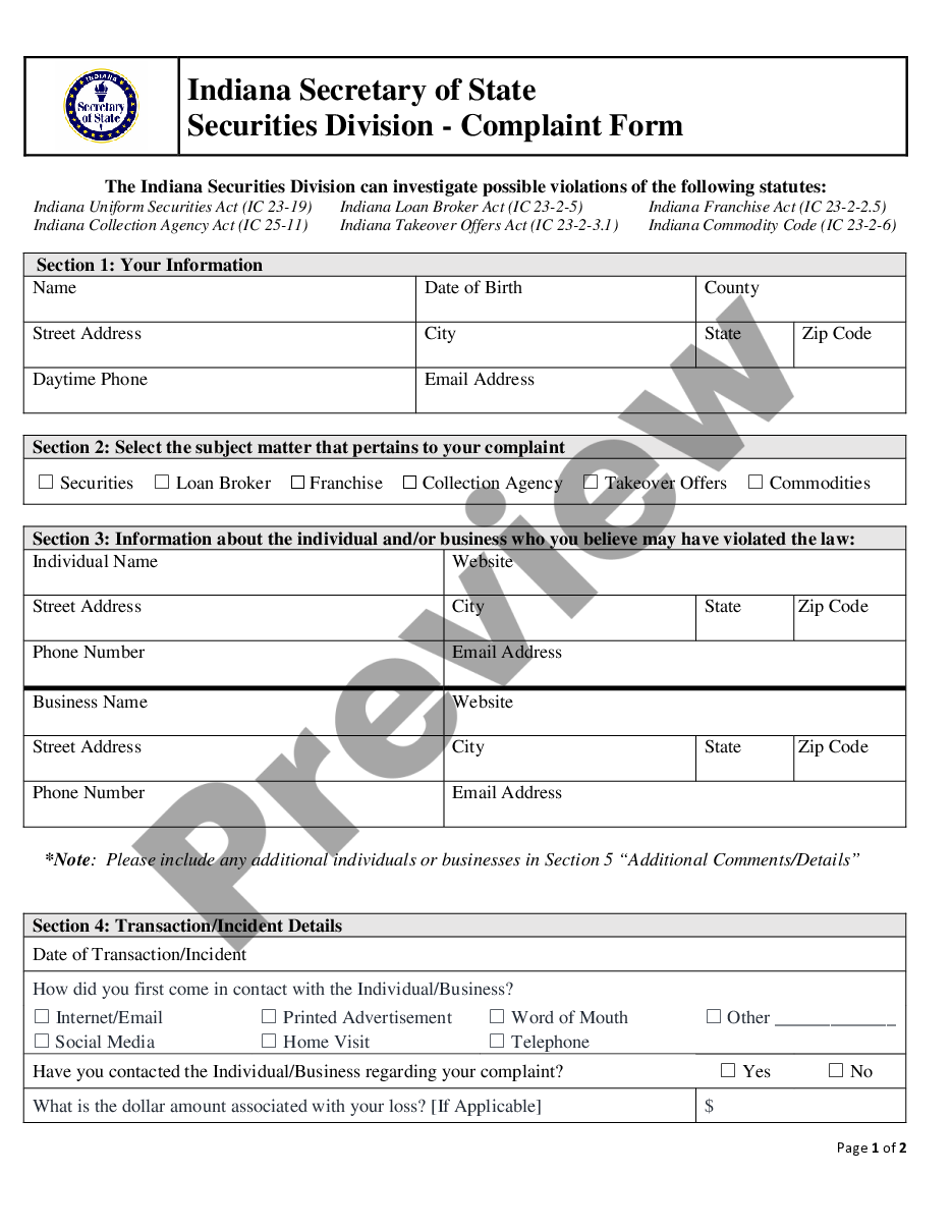 page 0 Securities Investment Complaint Form preview