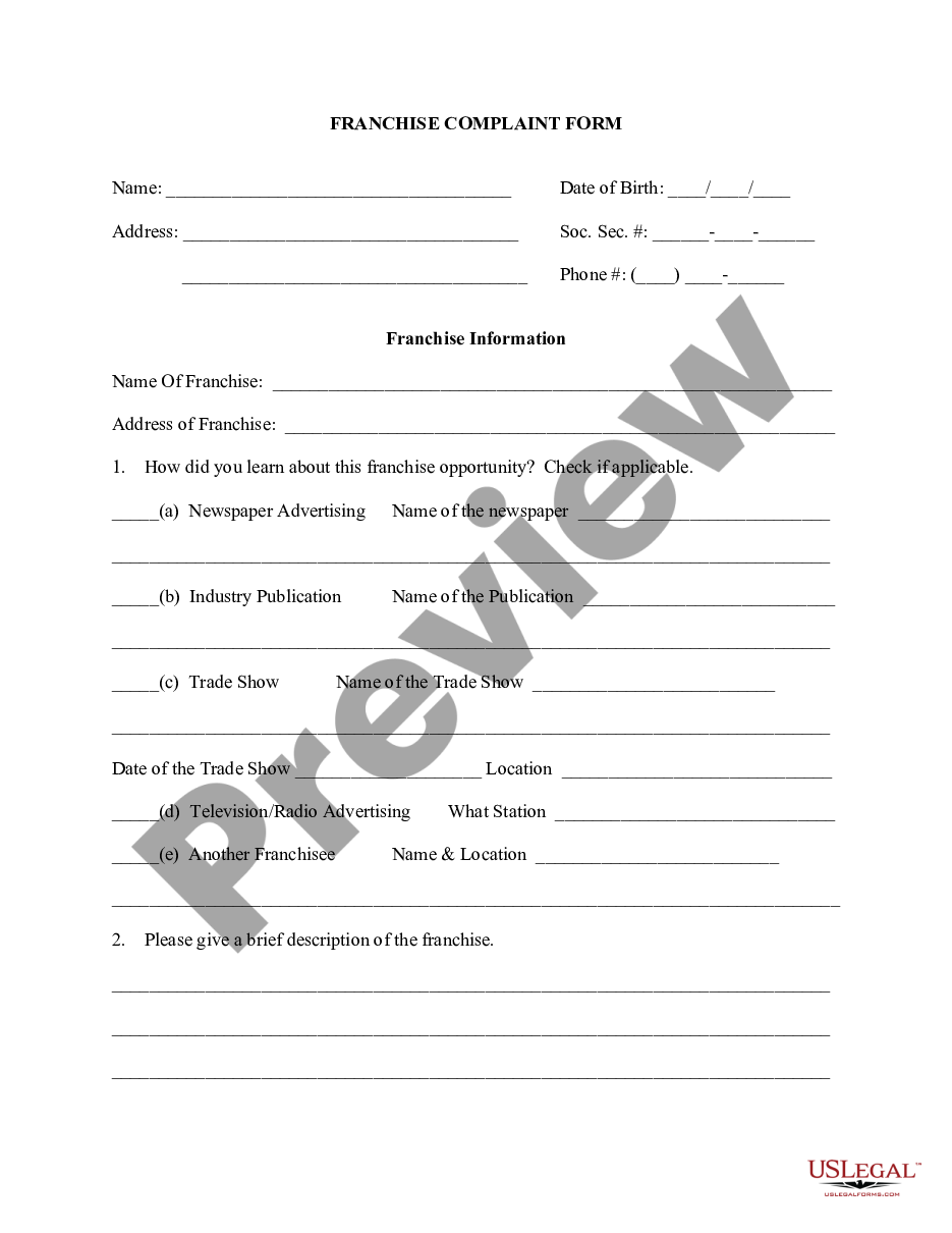 page 0 Franchise Complaint Form preview