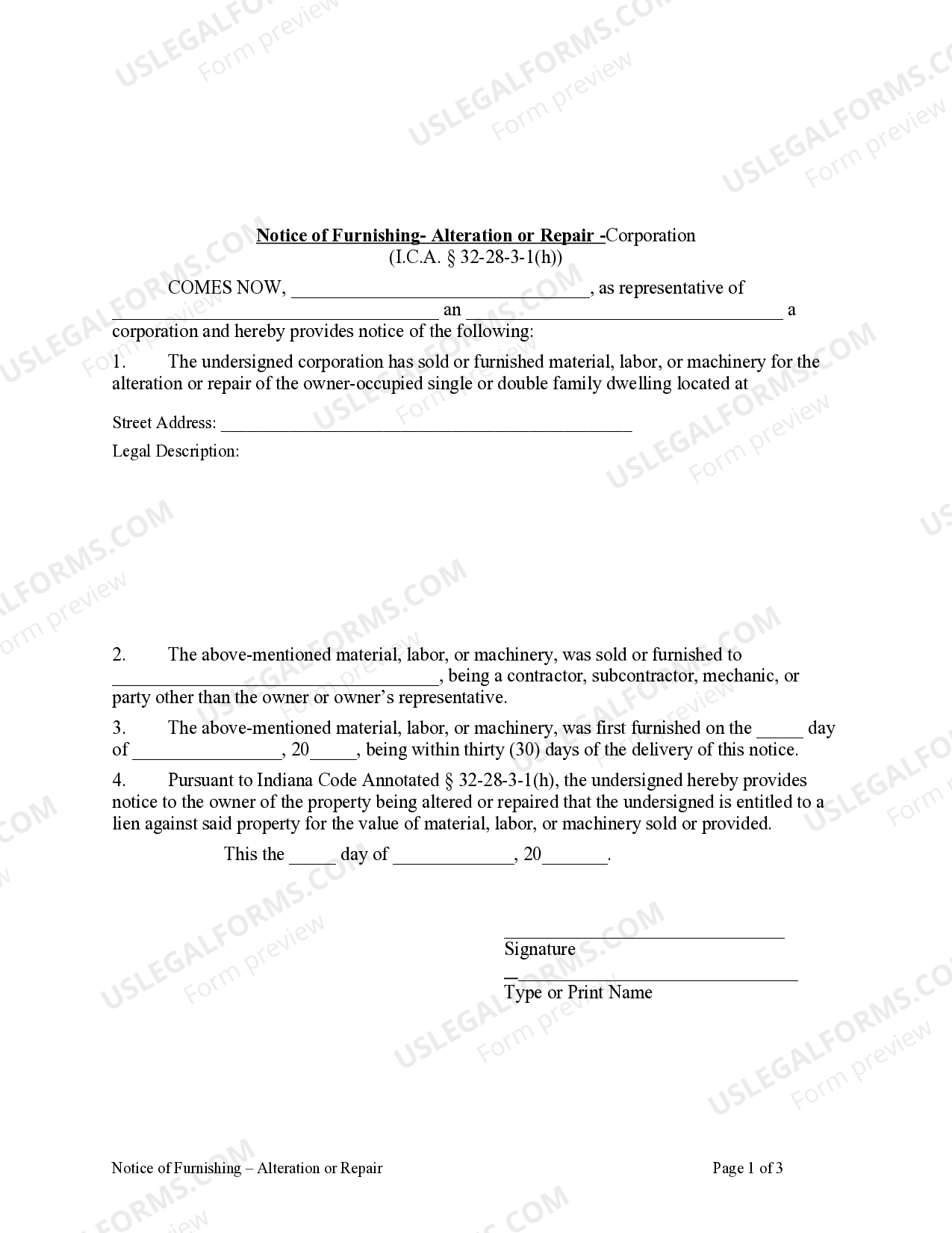 Indiana Notice of Furnishing Alteration or Repair Corporation or