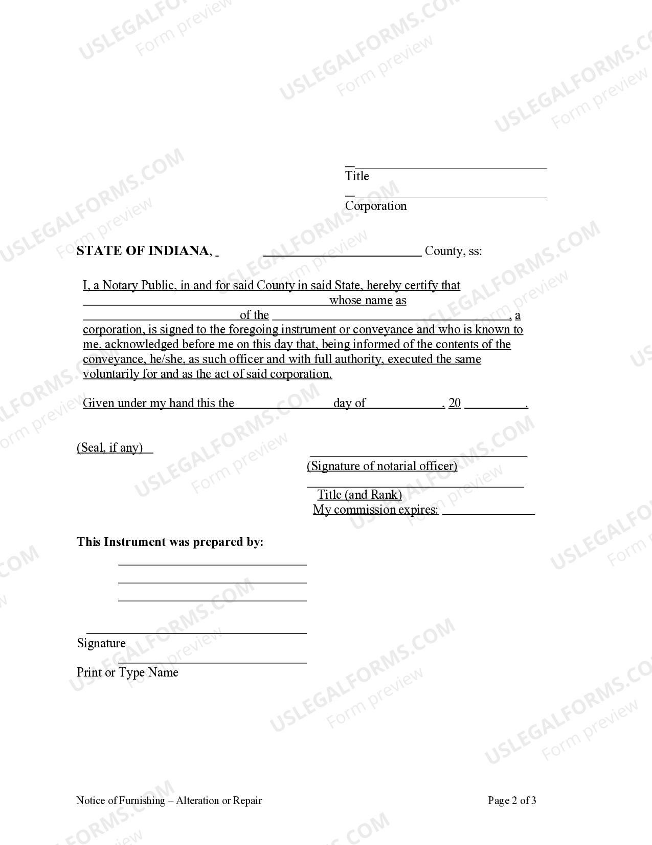 Indiana Notice of Furnishing Alteration or Repair Corporation or