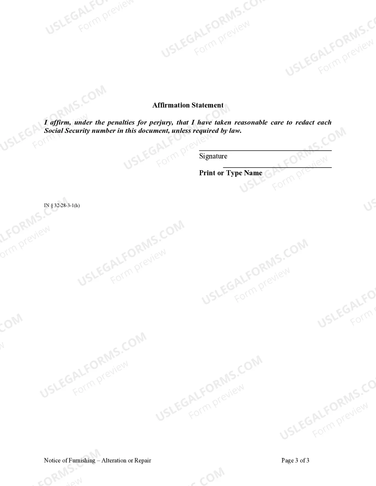 Preview Notice of Furnishing - Alteration or Repair - Corporation or LLC