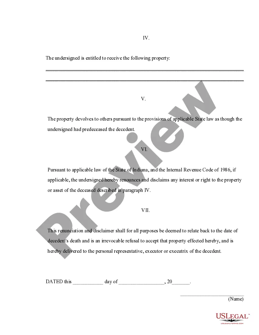 Preview Indiana Renunciation and Disclaimer of Property from Life Insurance or Annuity Contract