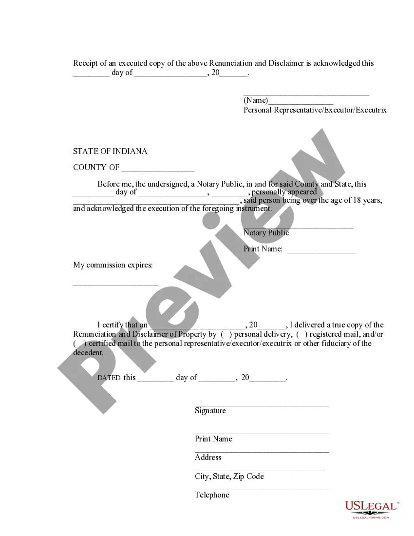 Preview Indiana Renunciation and Disclaimer of Property from Life Insurance or Annuity Contract