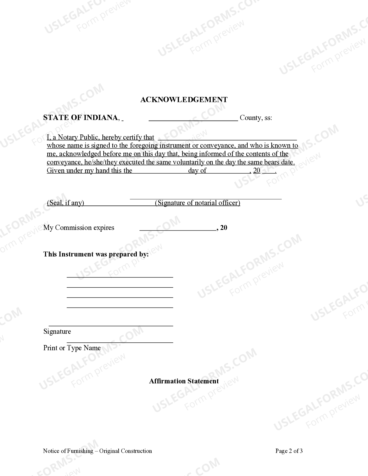 Indianapolis Indiana Notice Of Furnishing Original Construction 