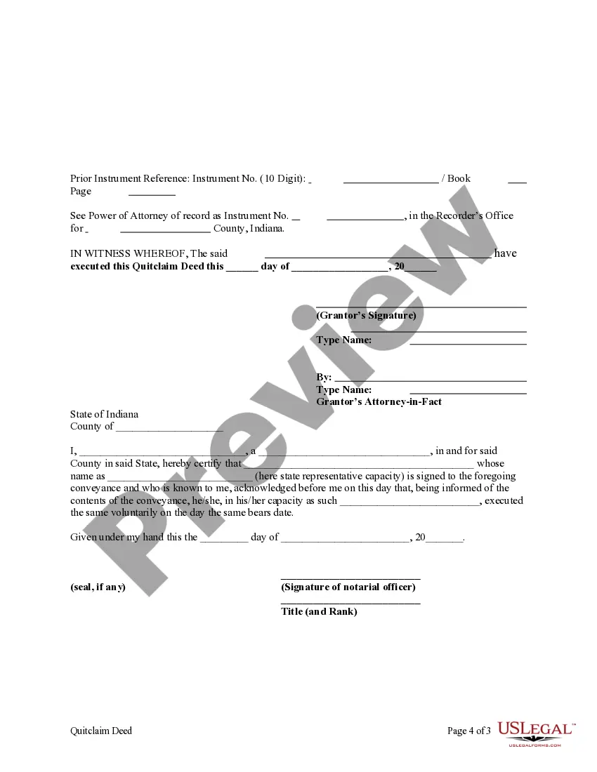 Preview Quitclaim Deed - Individual Grantor acting through an attorney in fact to Husband and Wife or Two Individuals as Grantees.