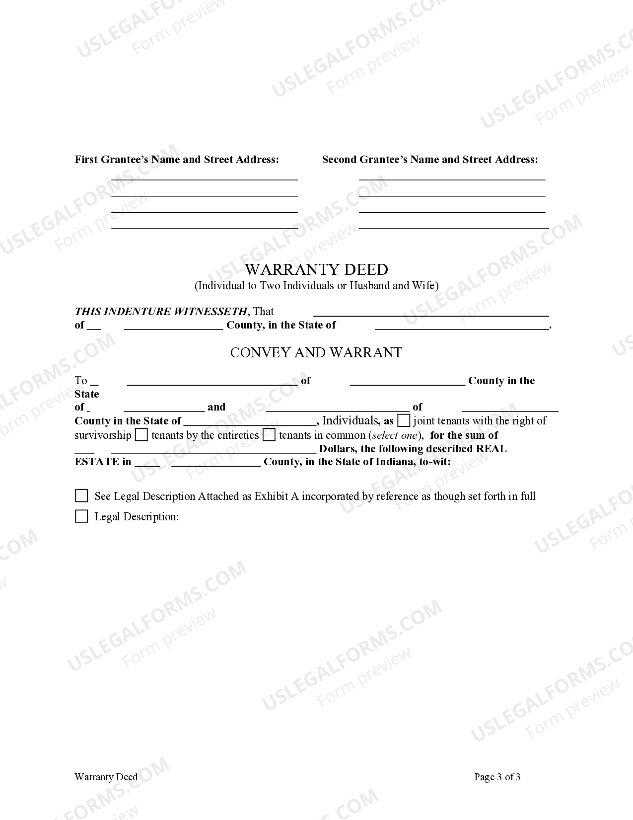 Indiana Warranty Deed Individual Grantor, acting through an attorney