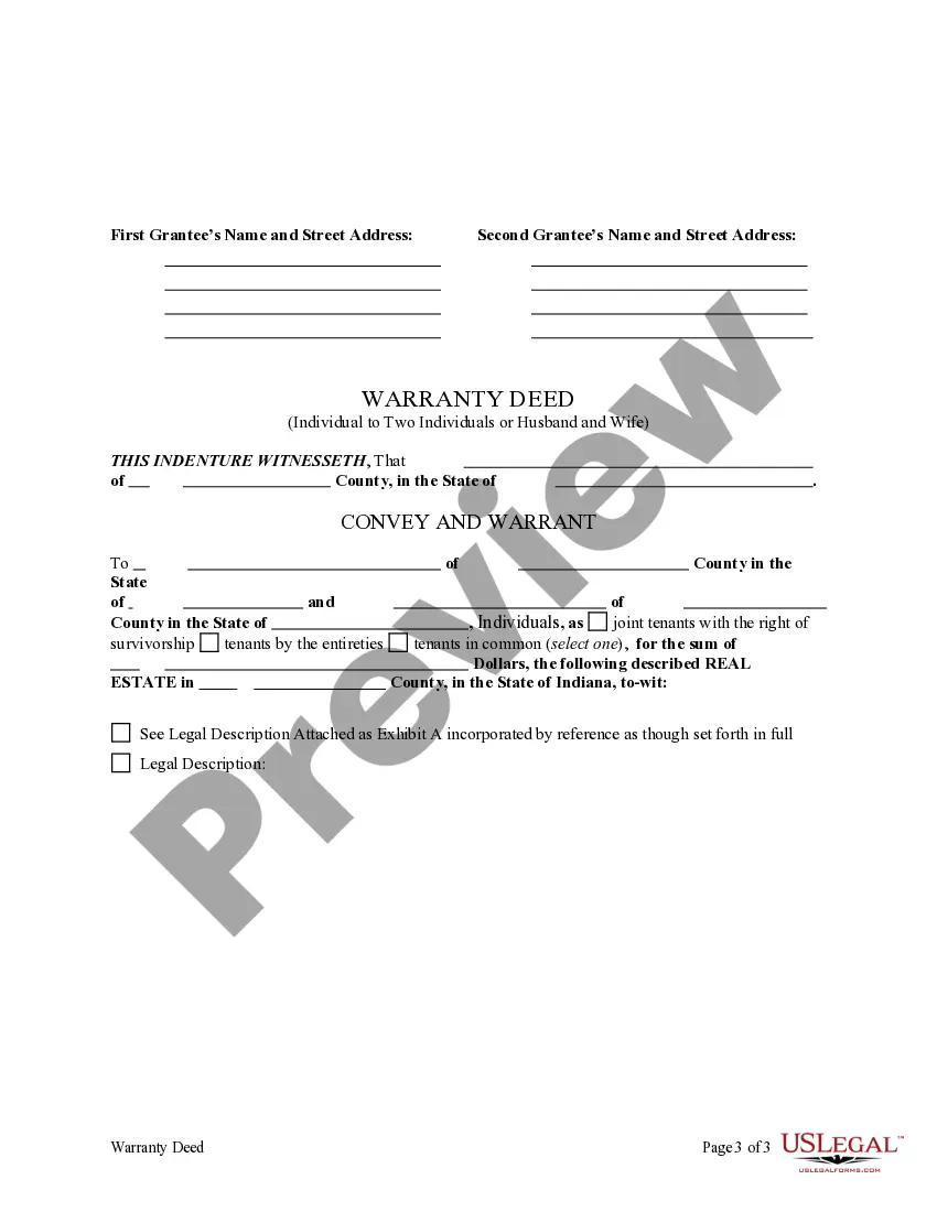 Get Warranty Deed - Individual Grantor, acting through an attorney-in-fact to Husband and Wife or Two Individuals as Grantees. Preview Warranty Deed - Individual Grantor, acting through an attorney-in-fact to Husband and Wife or Two Individuals as Grantees.