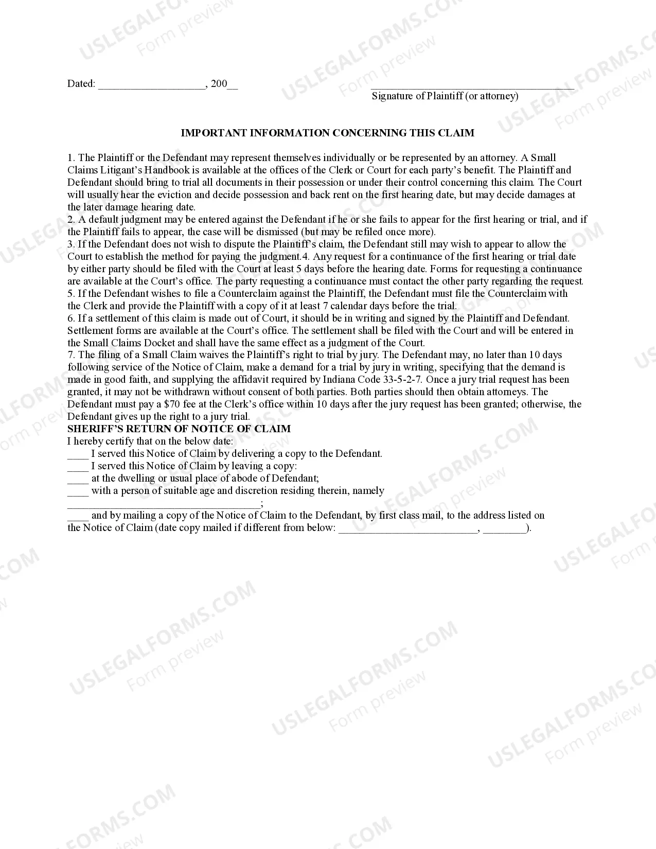 Preview Clerk's Notice of Claim to Defendant for Eviction, Rent Due, and Damages