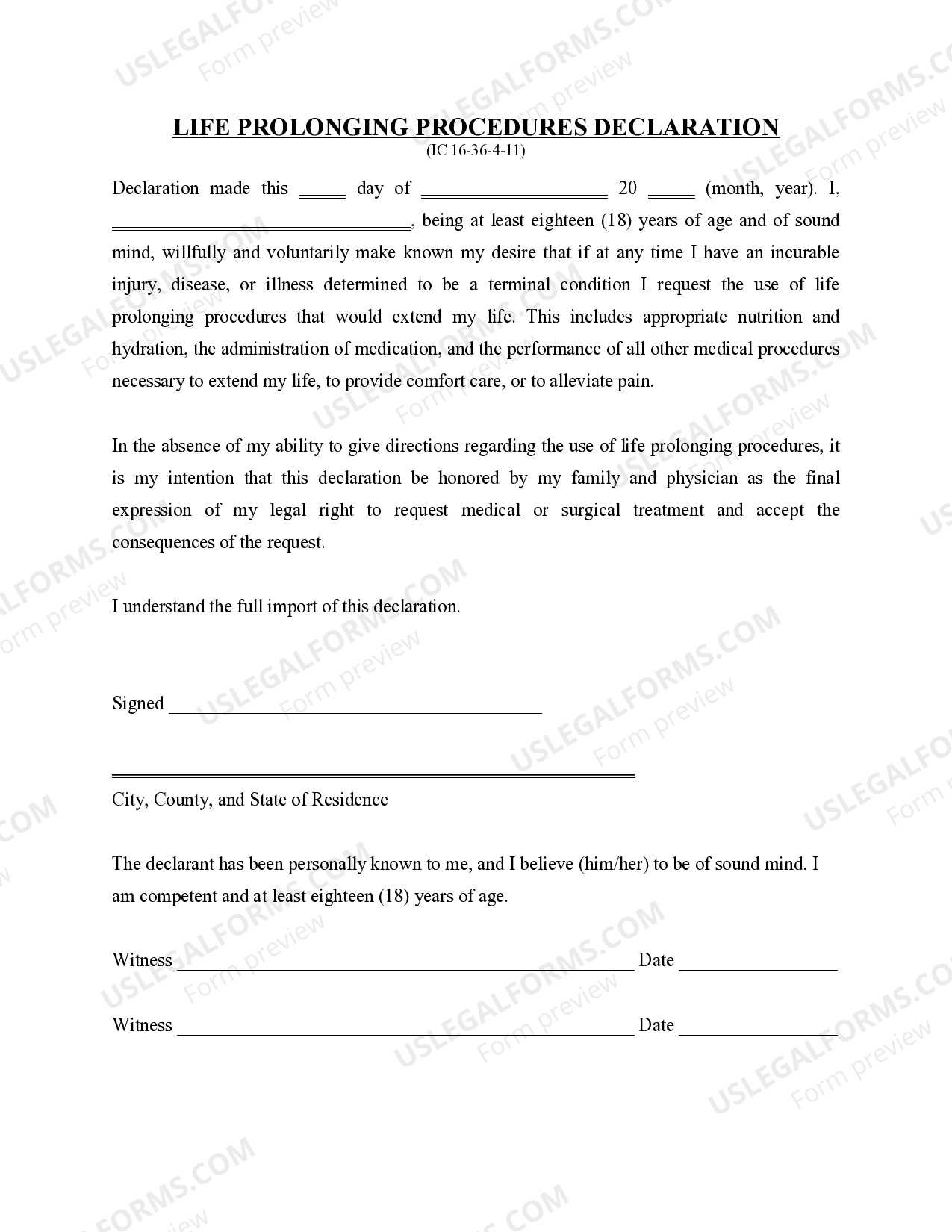 Indiana Life Prolonging Procedures Declaration Life Support US