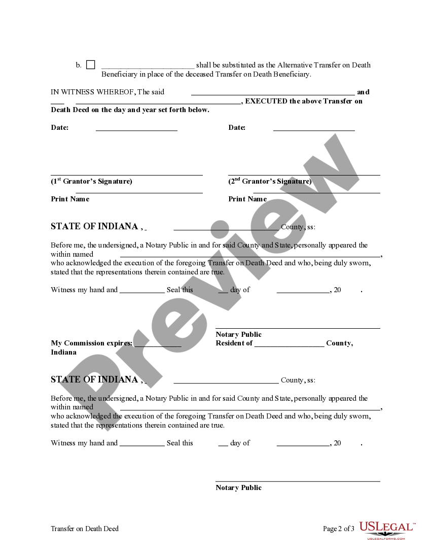Indiana Transfer on Death Deed Transfer Death Deed US Legal Forms