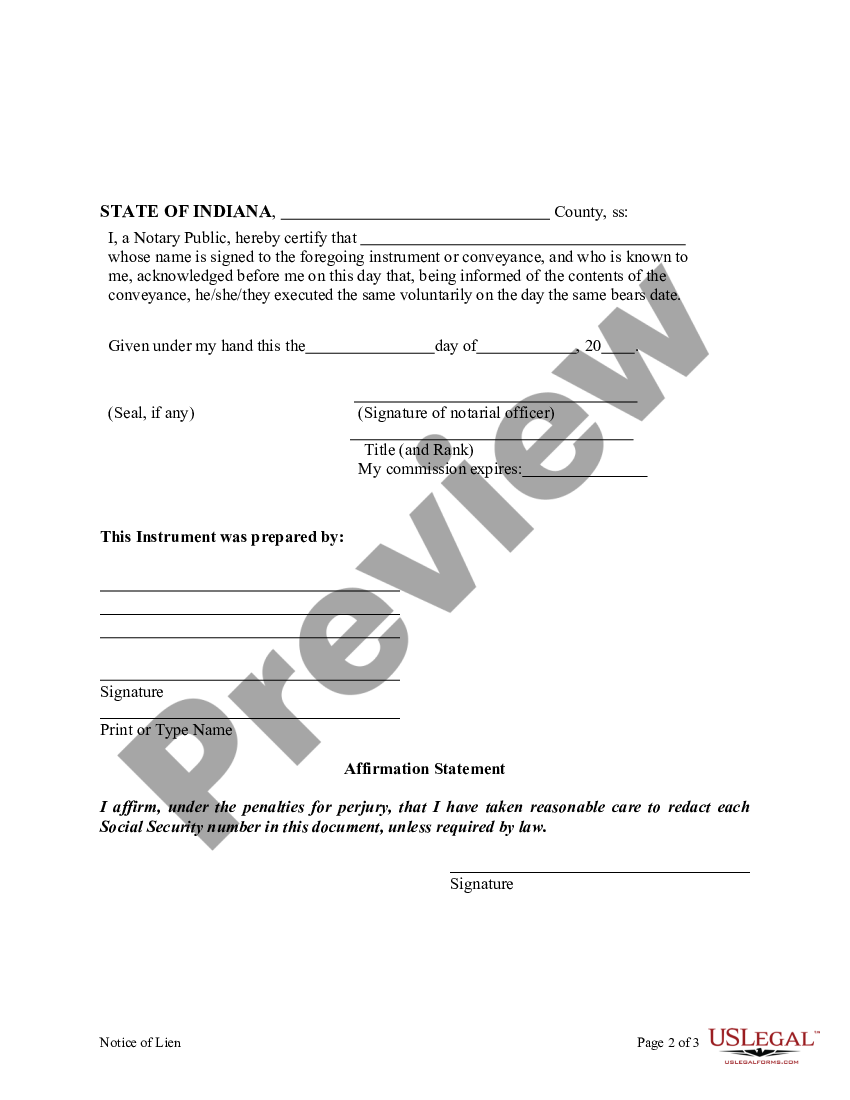 Indiana Notice of Lien - Individual - In Lien | US Legal Forms