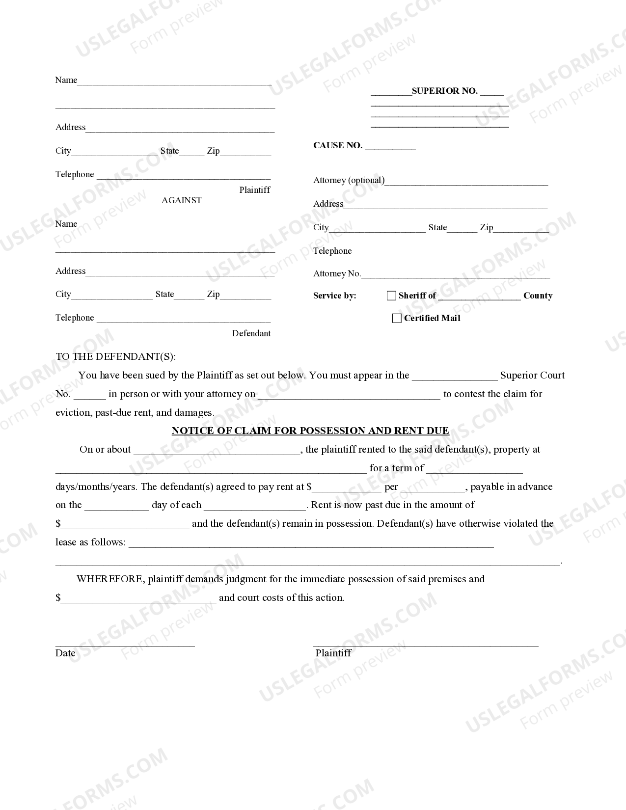 Indianapolis Indiana Notice of Claim for Possession and Rent Due US