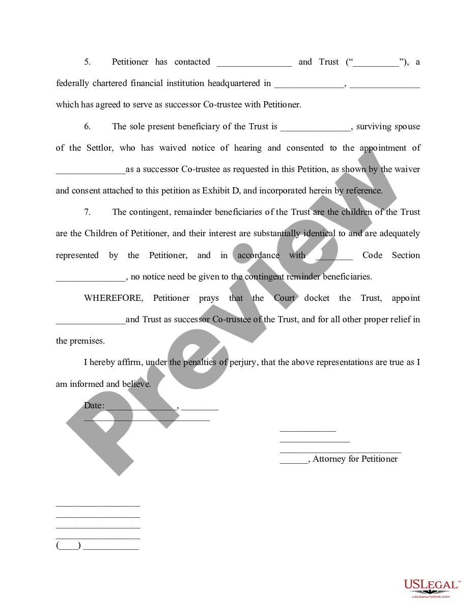 Indiana Petition to Docket Trust And For Appointment of Successor