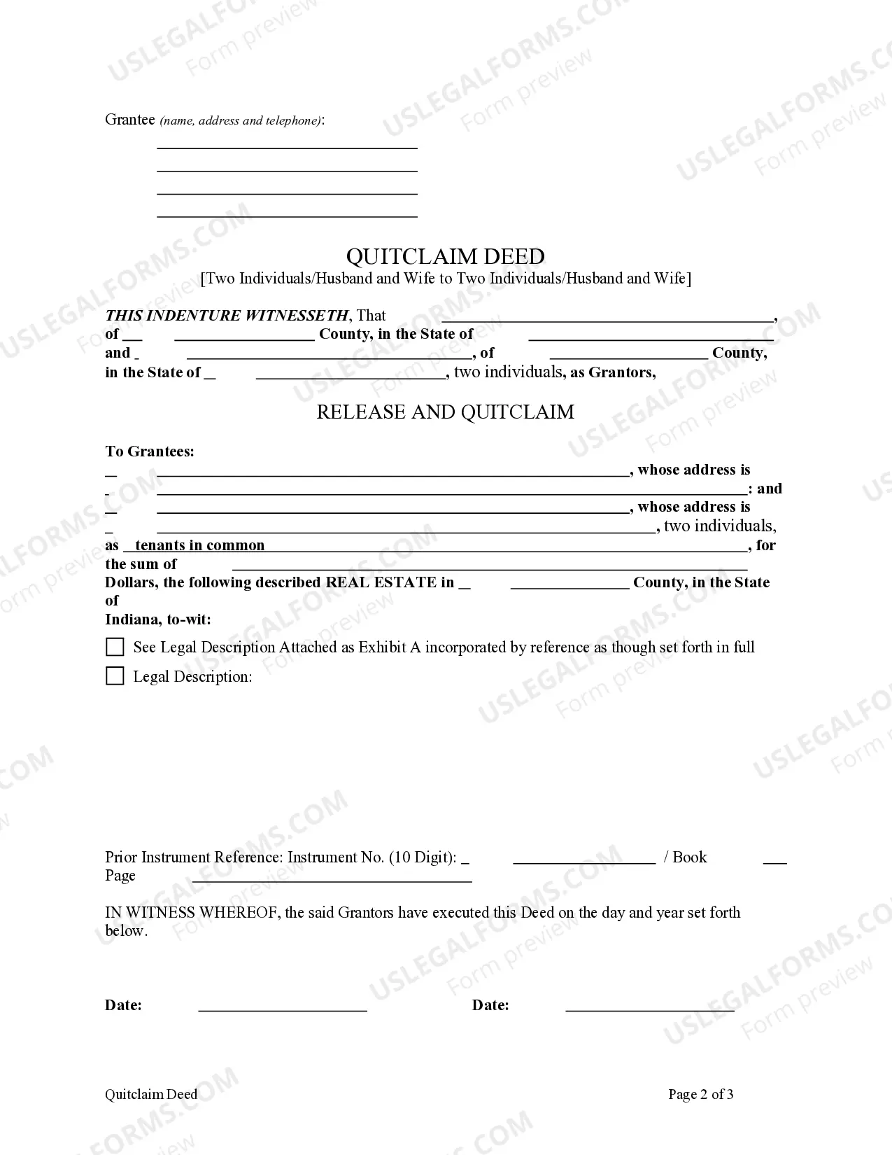 Preview Quitclaim Deed from Husband and Wife, or Two Individuals, to Husband and Wife, or Two Individuals.