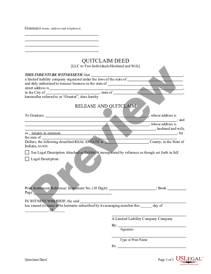 Indiana Quitclaim Deed From A Limited Liability Company To Two Individuals Husband And Wife 7480