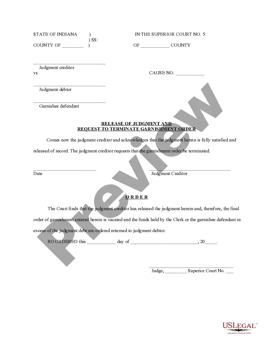 Get Release of Judgment and Request to Terminate Garnishment Order Preview Release of Judgment and Request to Terminate Garnishment Order