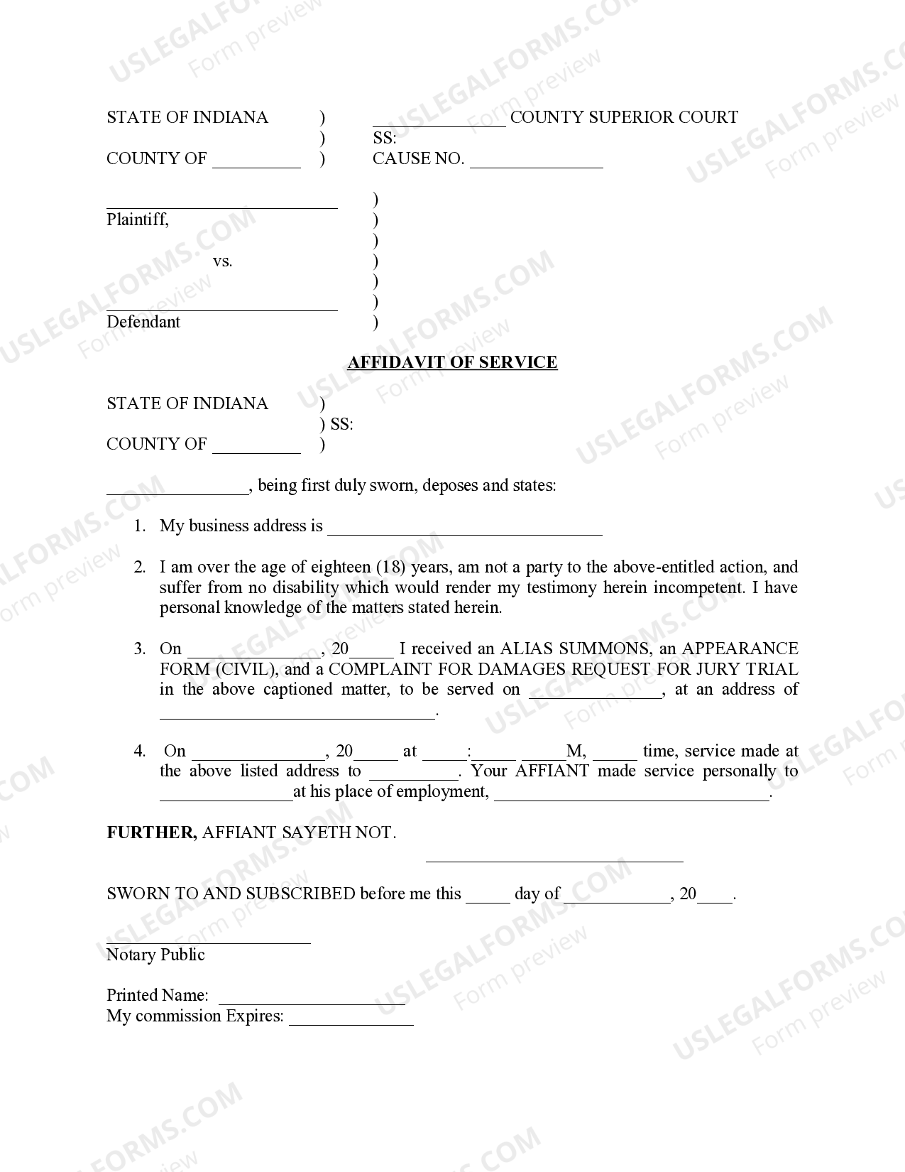Indiana Affidavit of Service Affidavit Of Service US Legal Forms