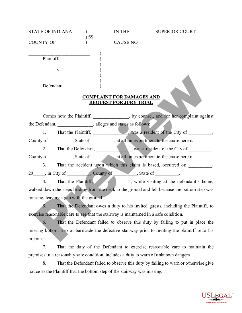 Indiana Complaint for Damages and Request For Jury trial | US Legal Forms