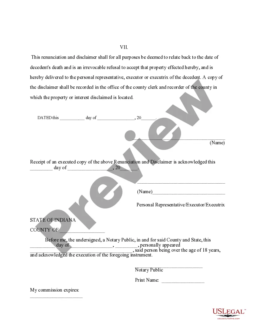 Get Indiana Renunciation and Disclaimer of Real Property Interest Preview Indiana Renunciation and Disclaimer of Real Property Interest
