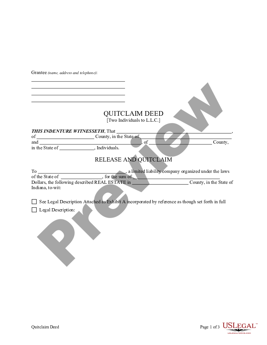 Indiana Quitclaim Deed By Two Individuals To Llc Indiana Quitclaim Deed Form Us Legal Forms 1075