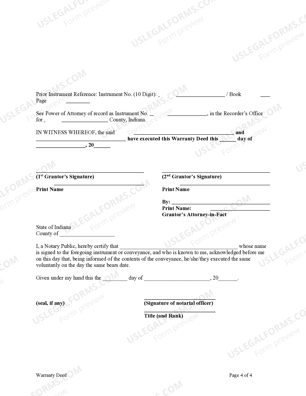 Indiana Warranty Deed Two Individuals or Husband and Wife, one acting