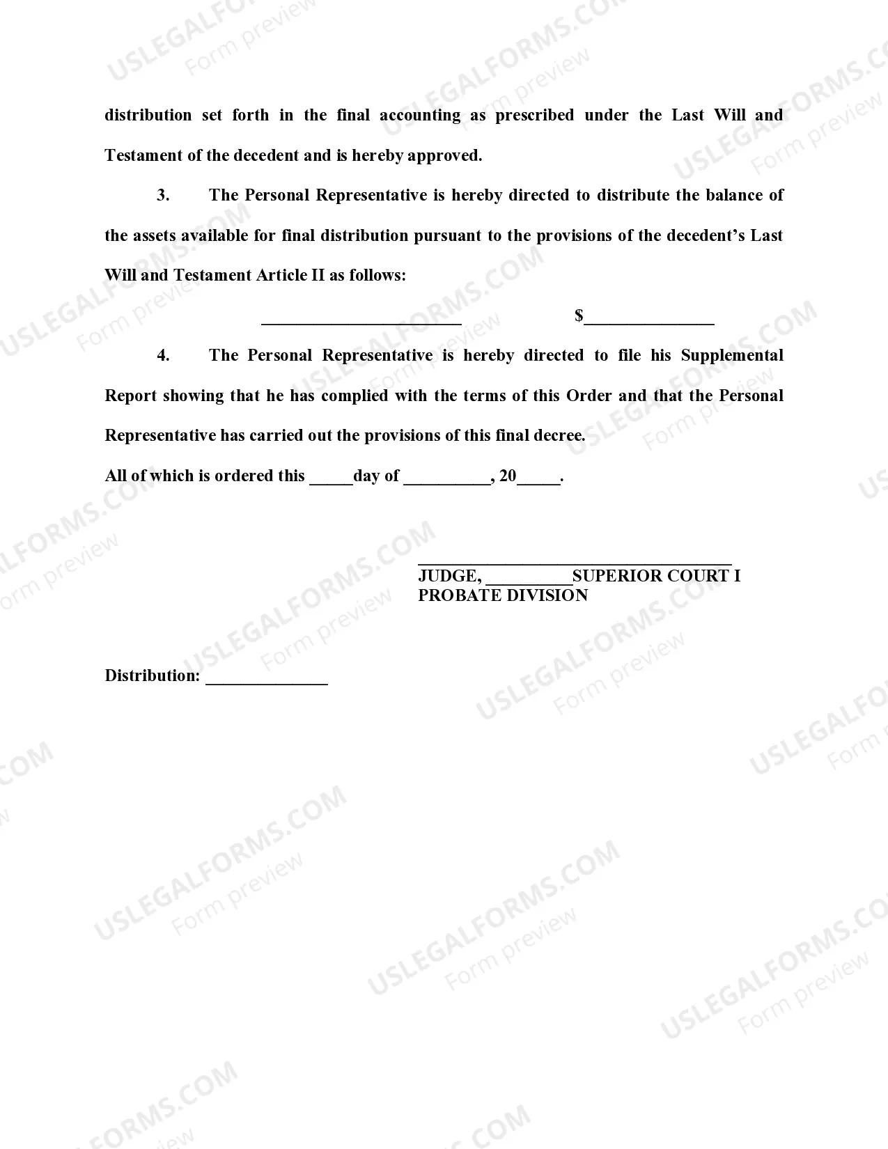 Preview Order Approving Personal Representative's Final Report and Accounting, Petition to Allow Accounting, and Petitions for Order Approving Distribution and Closing Estate