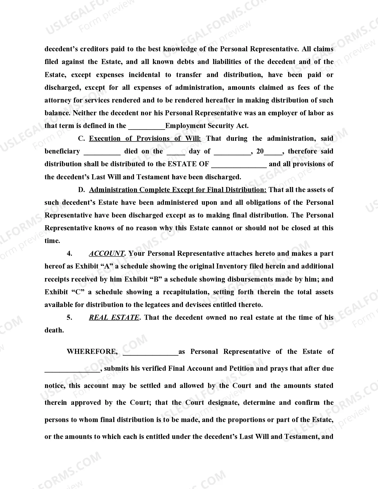 Preview Personal Representative's Final Account, Petition to Settle and Allow Account, and Petition for Authority to Distribute Assets Remaining and Close Estate