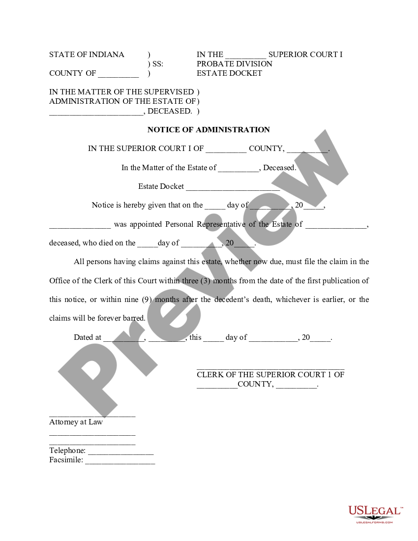 Indiana Notice Of Administration | US Legal Forms