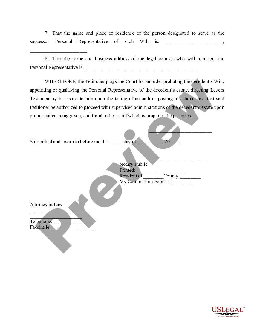 Indiana Petition for Probate of Will and Issuance of Letters ...