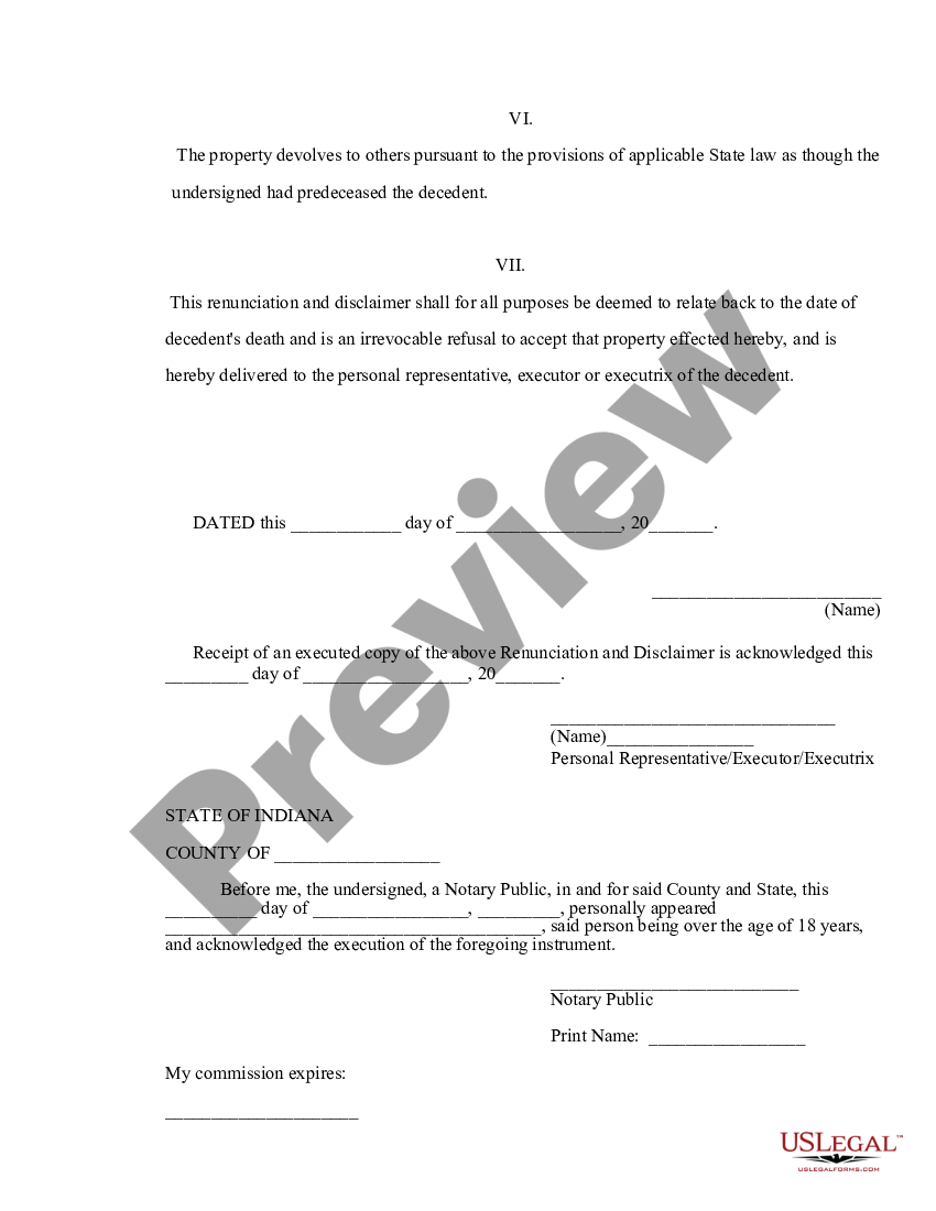 Indiana Renunciation and Disclaimer of Joint Tenant or Tenancy Interest ...