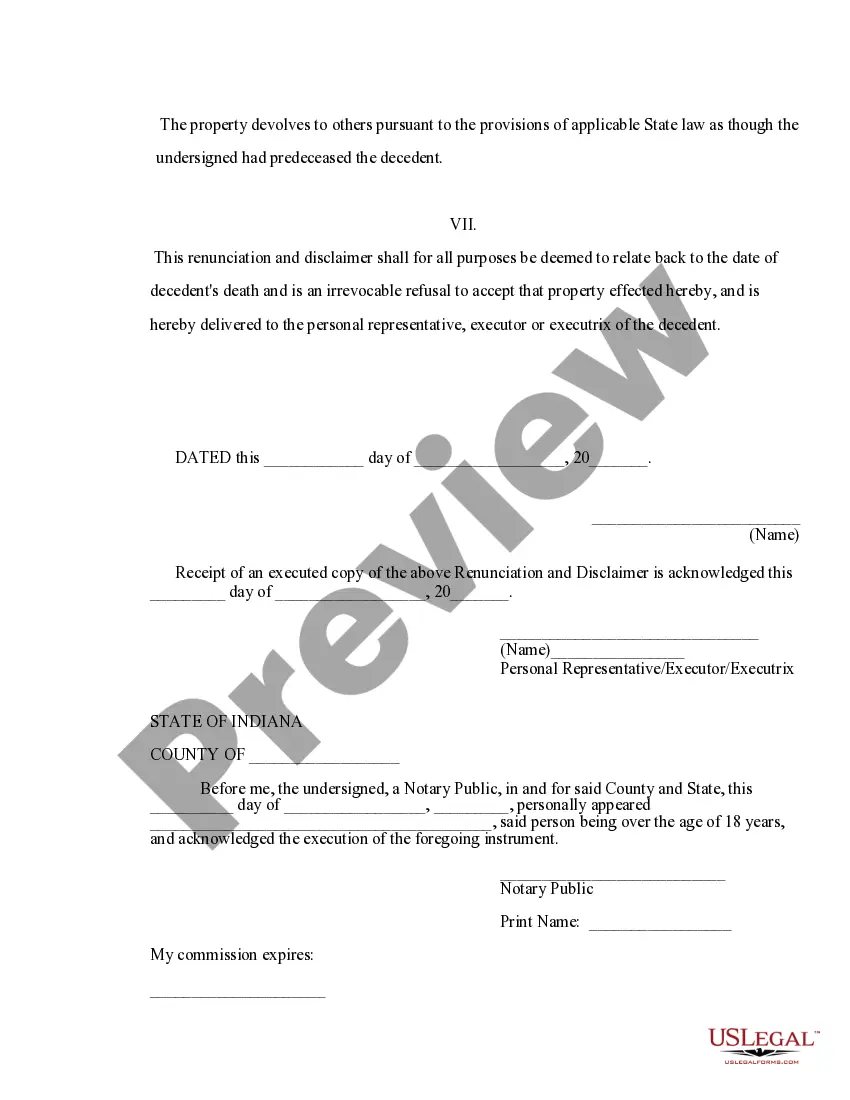 Get Indiana Renunciation and Disclaimer of Joint Tenant or Tenancy Interest Preview Indiana Renunciation and Disclaimer of Joint Tenant or Tenancy Interest
