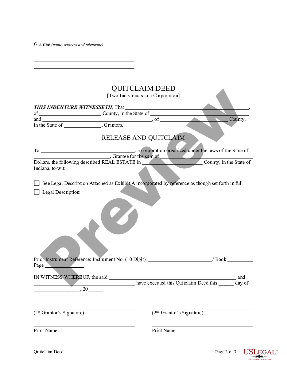 Indiana Quitclaim Deed By Two Individuals To Corporation Us Legal Forms 2531