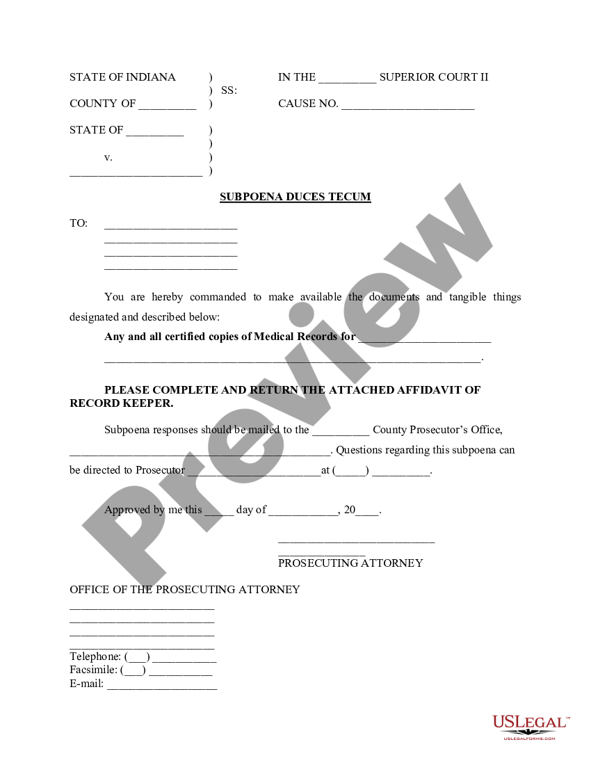 Indiana Subpoena Duces Tecum - Indiana Subpoena Duces Tecum Form | US ...