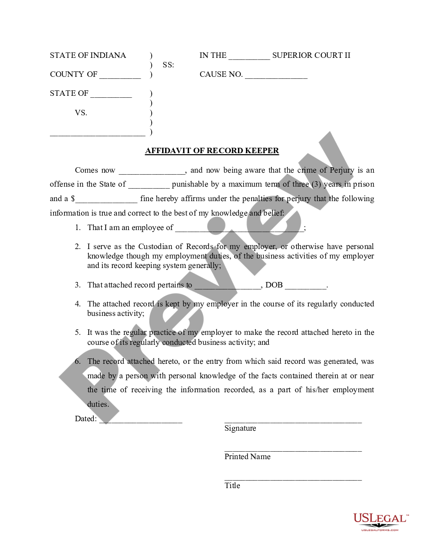 Indiana Affidavit Of Record Keeper Us Legal Forms 1032