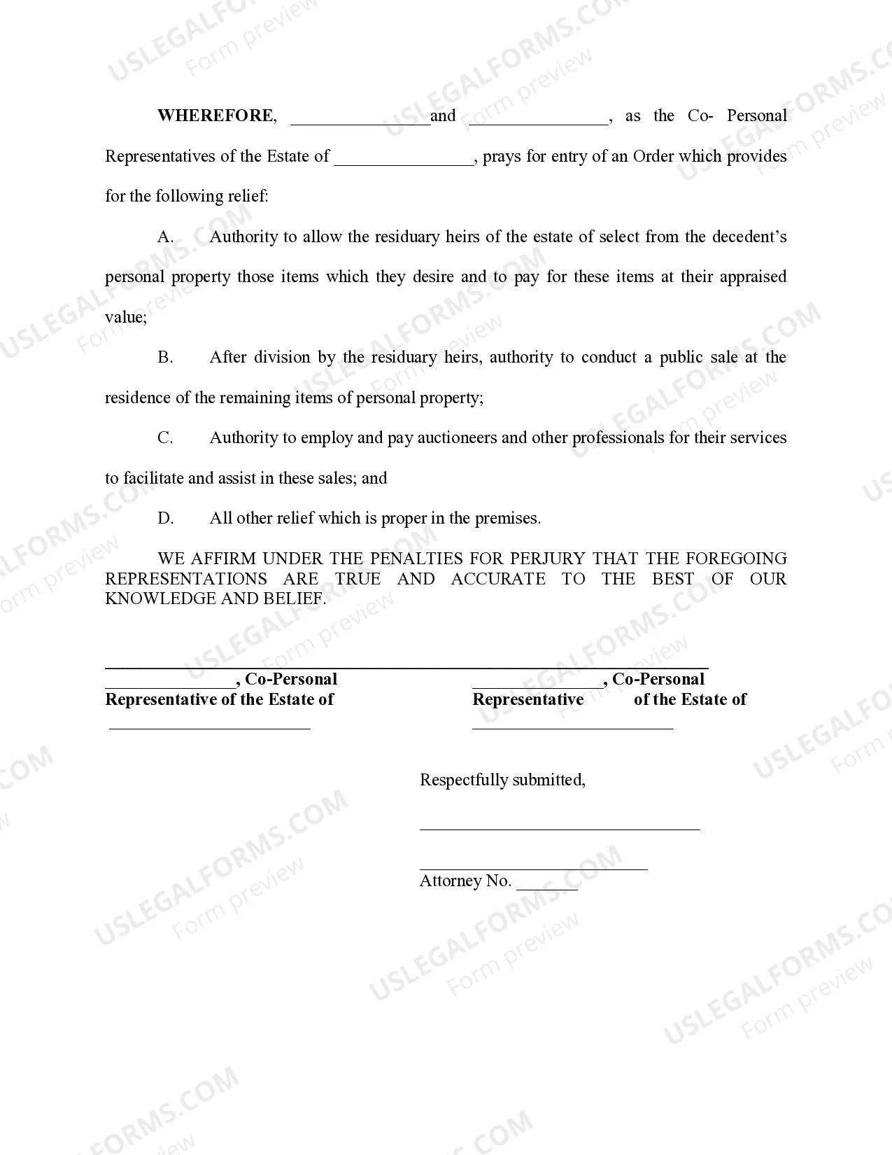 Preview Petition for Authority to Sell Personal Property