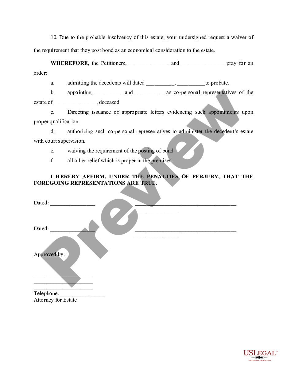 Indiana Petition For Probate of Will and for Supervised Administration