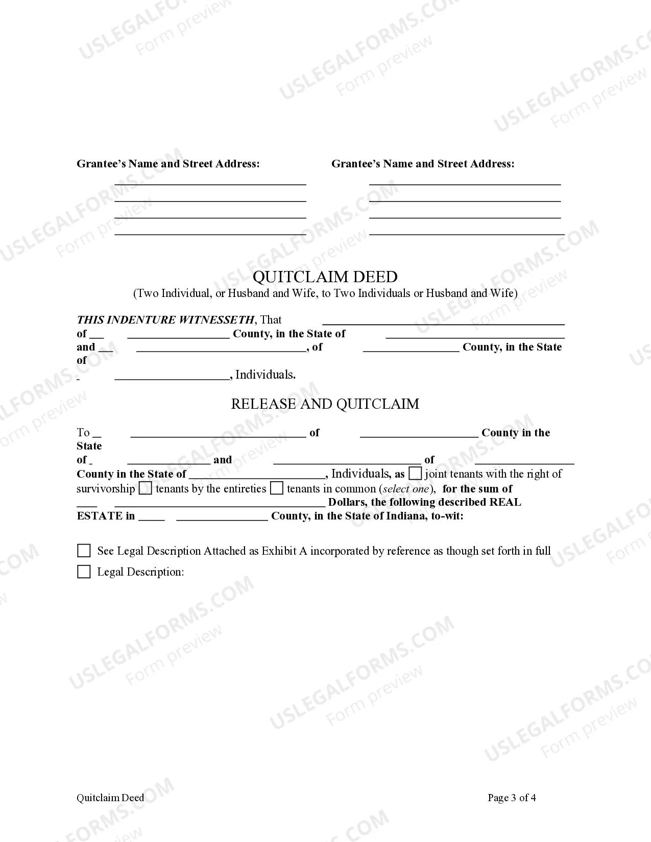 Preview Quitclaim Deed - Two Individuals, or Husband and Wife, as Grantors, One Grantor acting through an attorney in fact, to Two Individuals or Husband and Wife as Grantees.