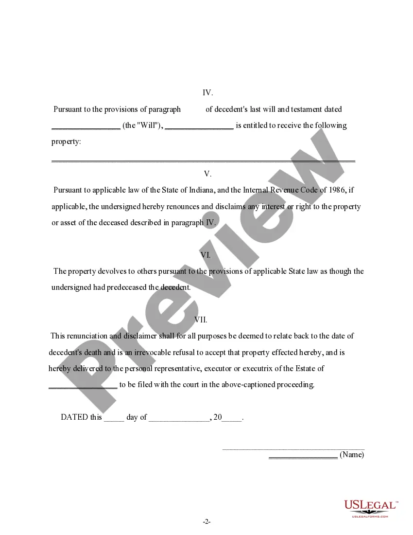 Preview Indiana Renunciation and Disclaimer of Property received by Intestate Succession