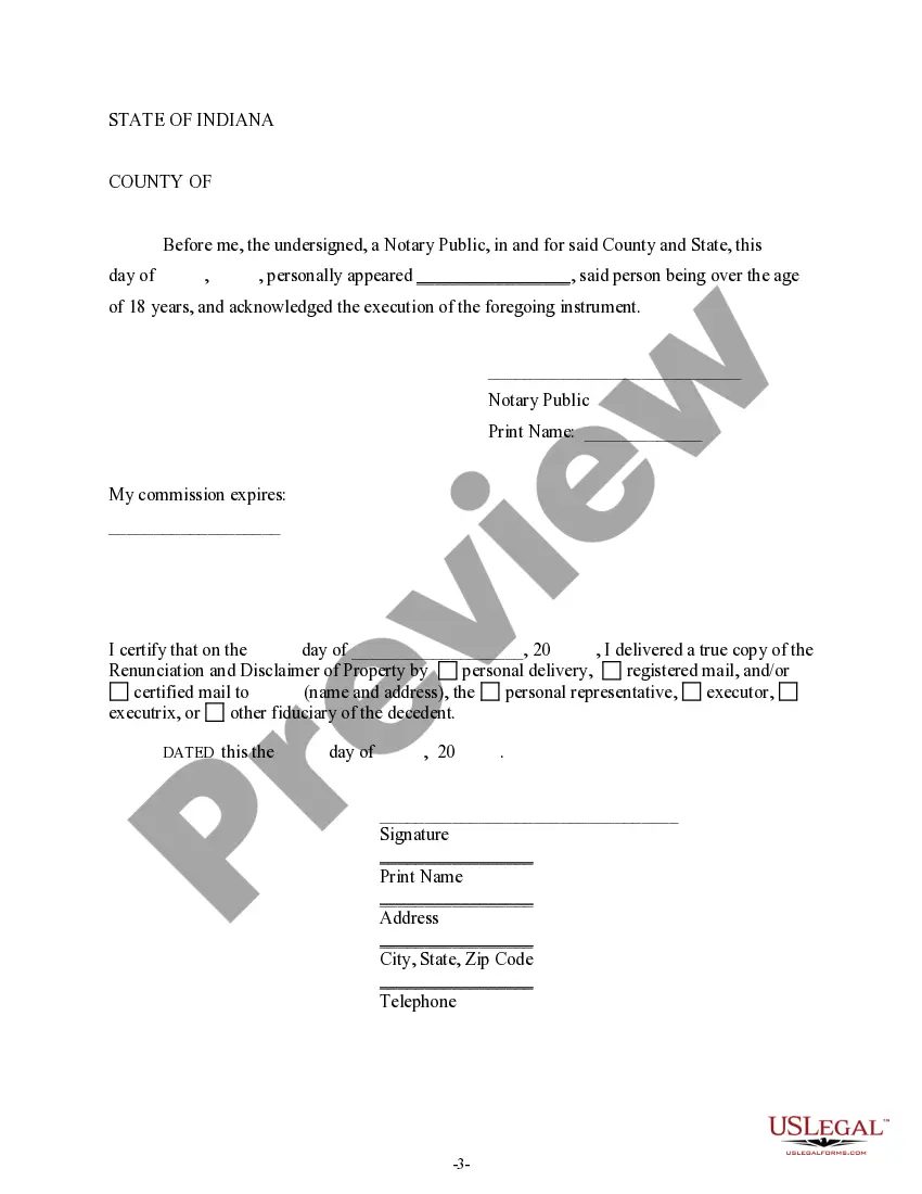 Preview Indiana Renunciation and Disclaimer of Property received by Intestate Succession