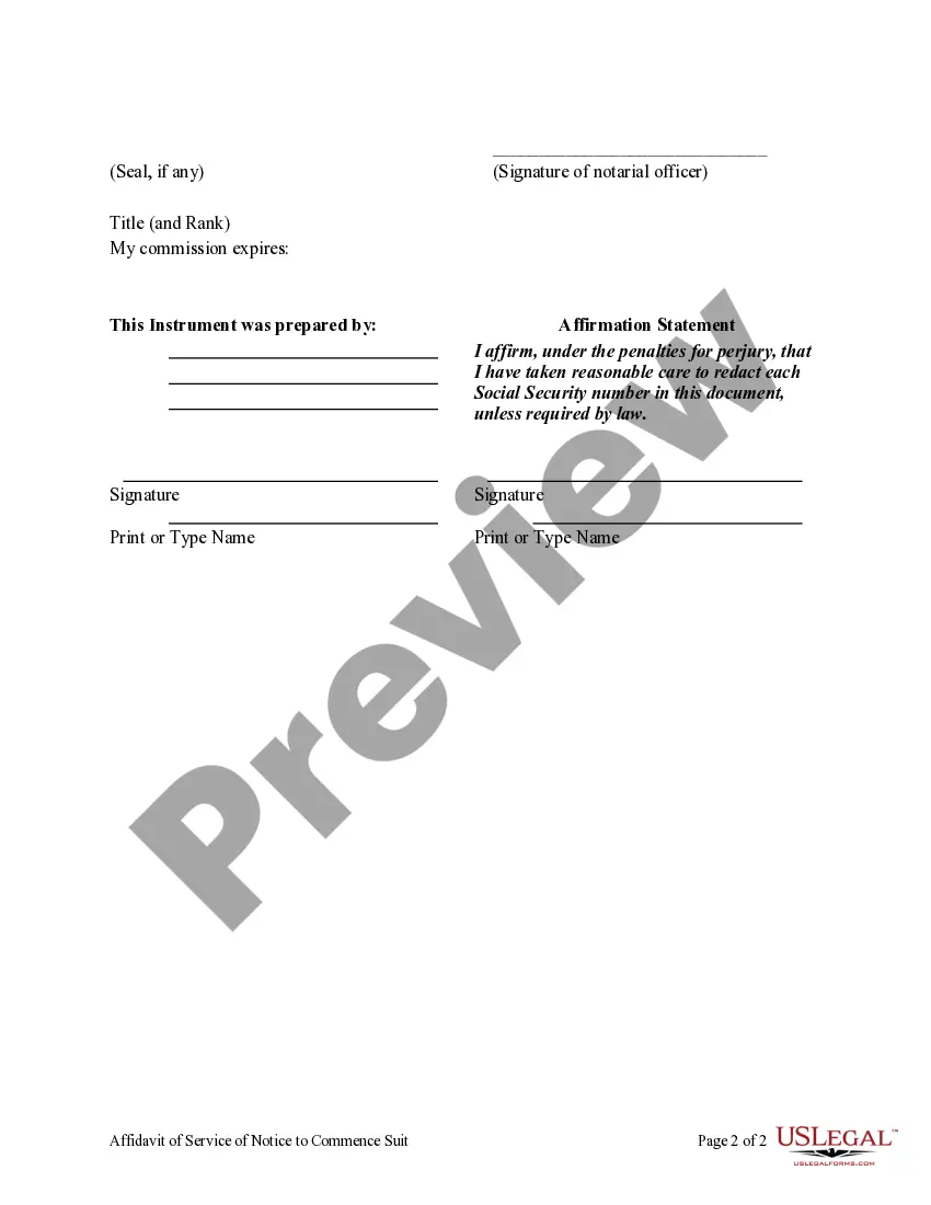 Preview Affidavit of Service of Notice to Commence Suit - Individual