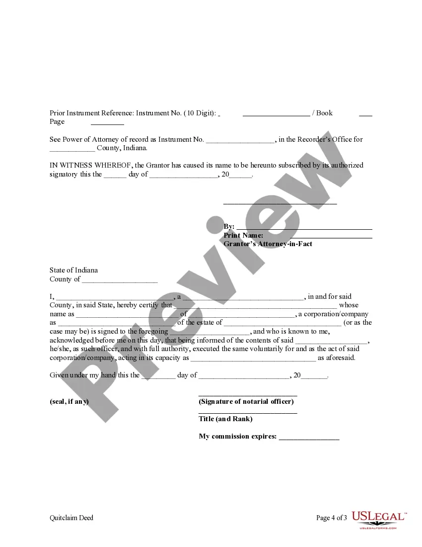 Preview Quitclaim Deed - Business Entity Grantor by Attorney-in-Fact to Individual Grantee