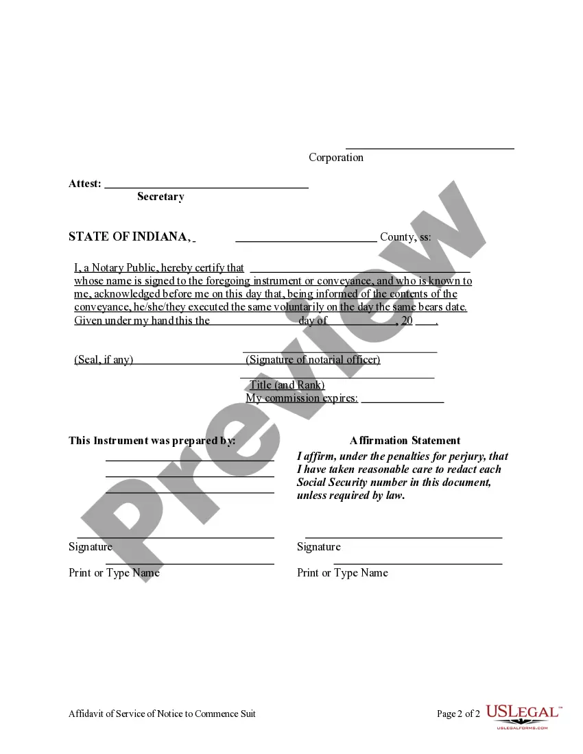 Preview Affidavit of Service of Notice to Commence Suit - Corporation or LLC