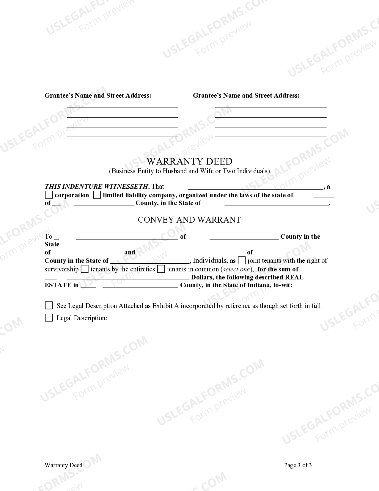 Indiana Warranty Deed from Business Entity, through attorneyinfact