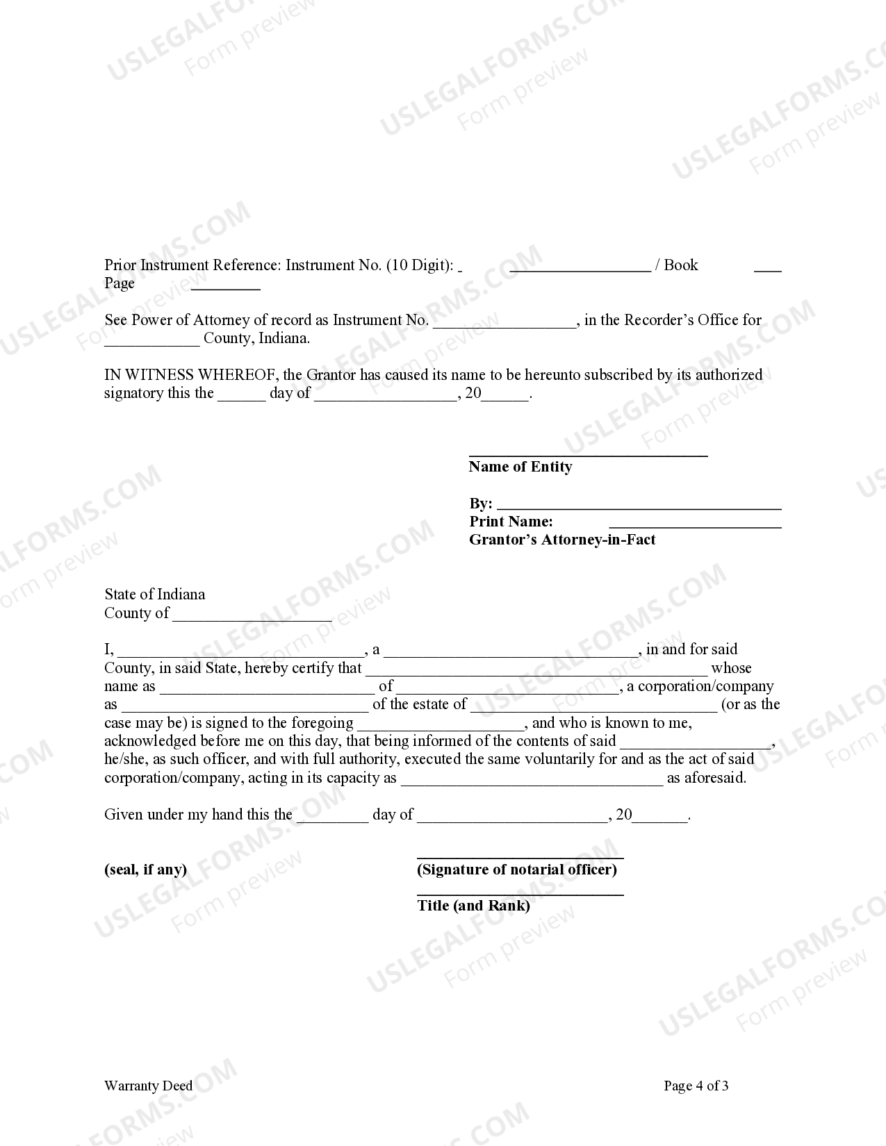 Indiana Warranty Deed from Business Entity, through attorneyinfact
