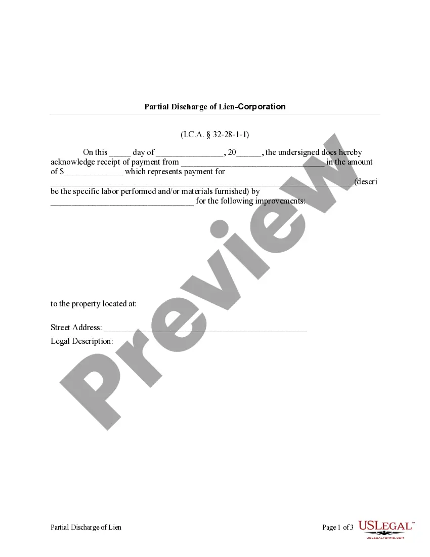 Preview Partial Discharge of Lien - Corporation or LLC