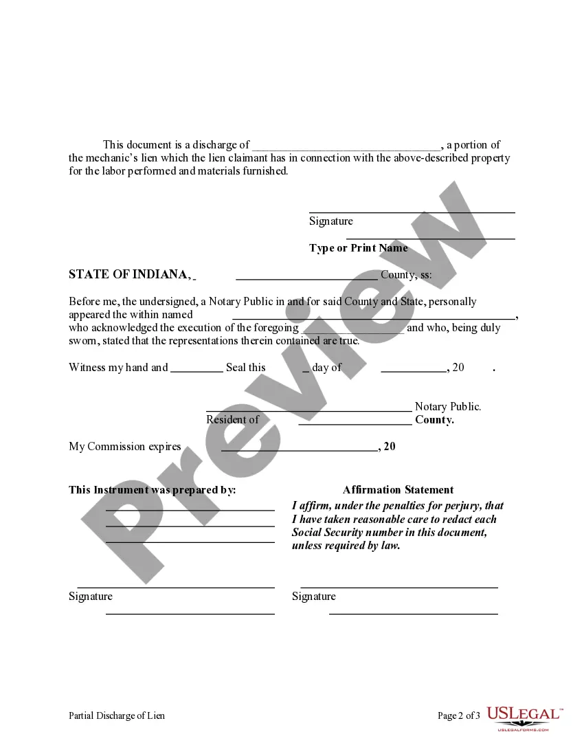Preview Partial Discharge of Lien - Corporation or LLC