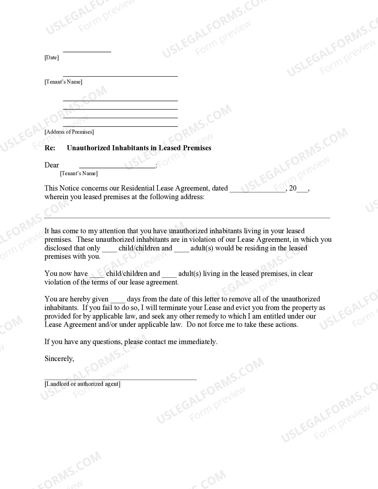 Indiana Letter from Landlord to Tenant as Notice to remove unauthorized