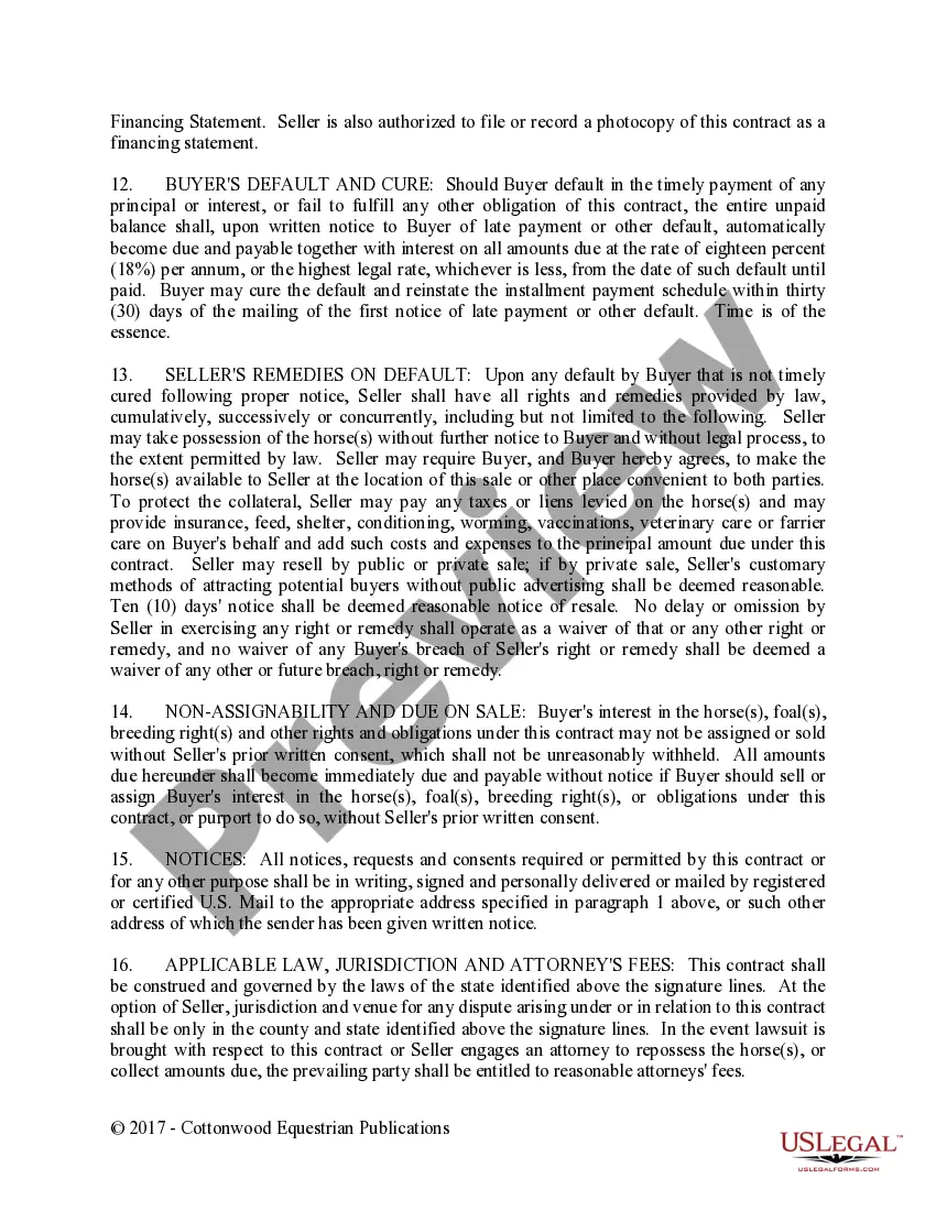 Preview Installment Purchase and Security Agreement Without Limited Warranties - Horse Equine Forms