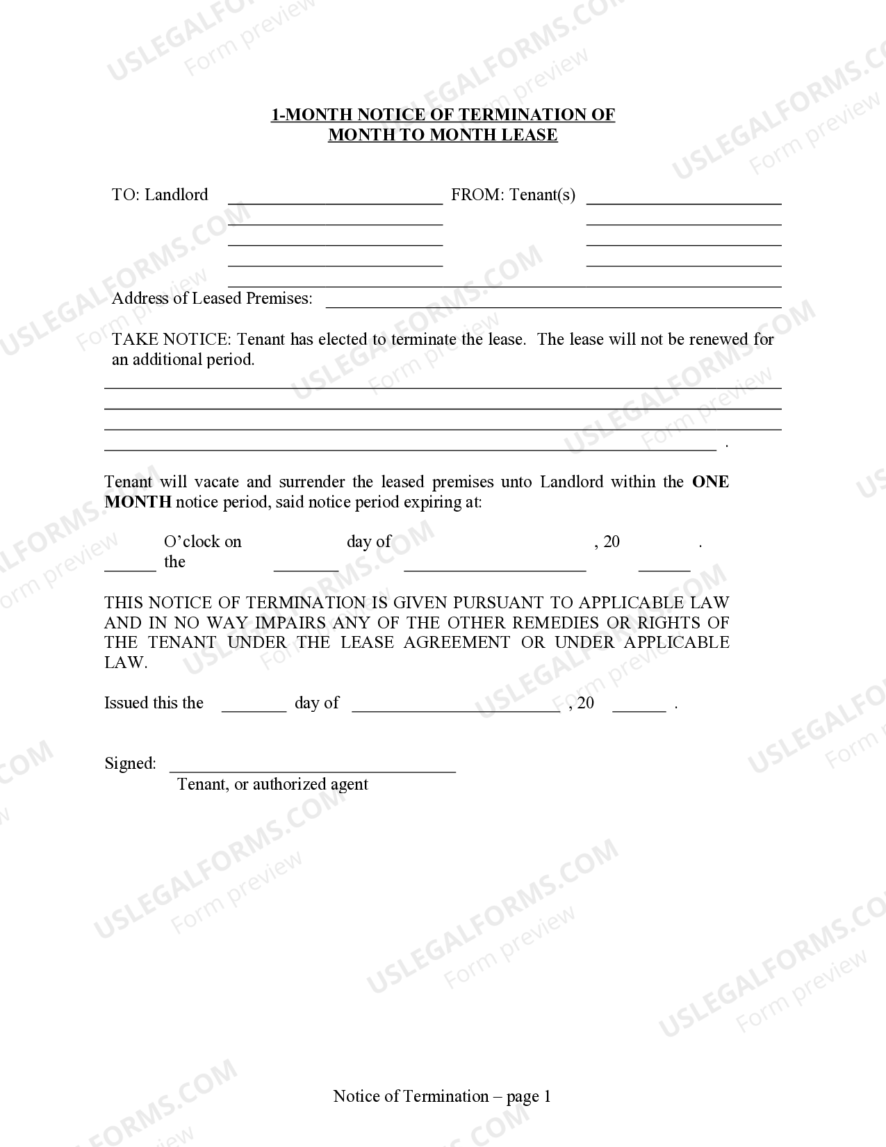 Indiana 1 Month Notice To Terminate Month to Indiana Notice 