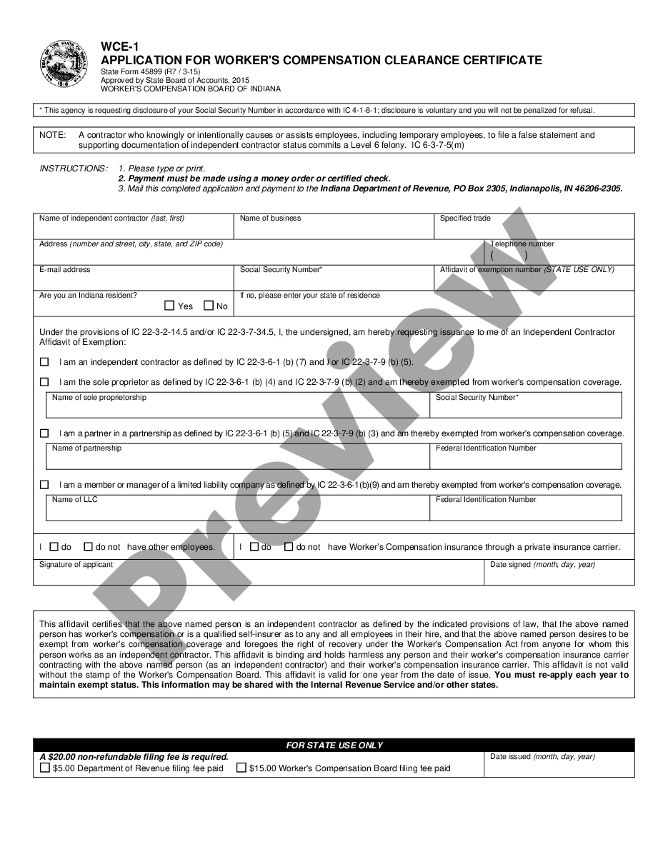 page 0 Self-Employed Independent Contractor Affidavit for Workers' Compensation preview